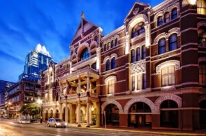 The Driskill Hotel at sunset in Austin, Texas.